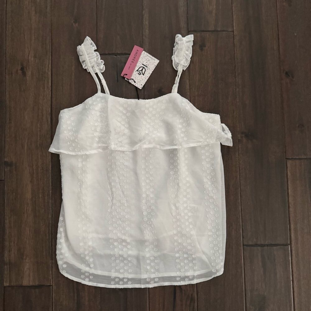 Andree by Unit White Sheer Ruffle Strappy Sleeve Blouse S NWT